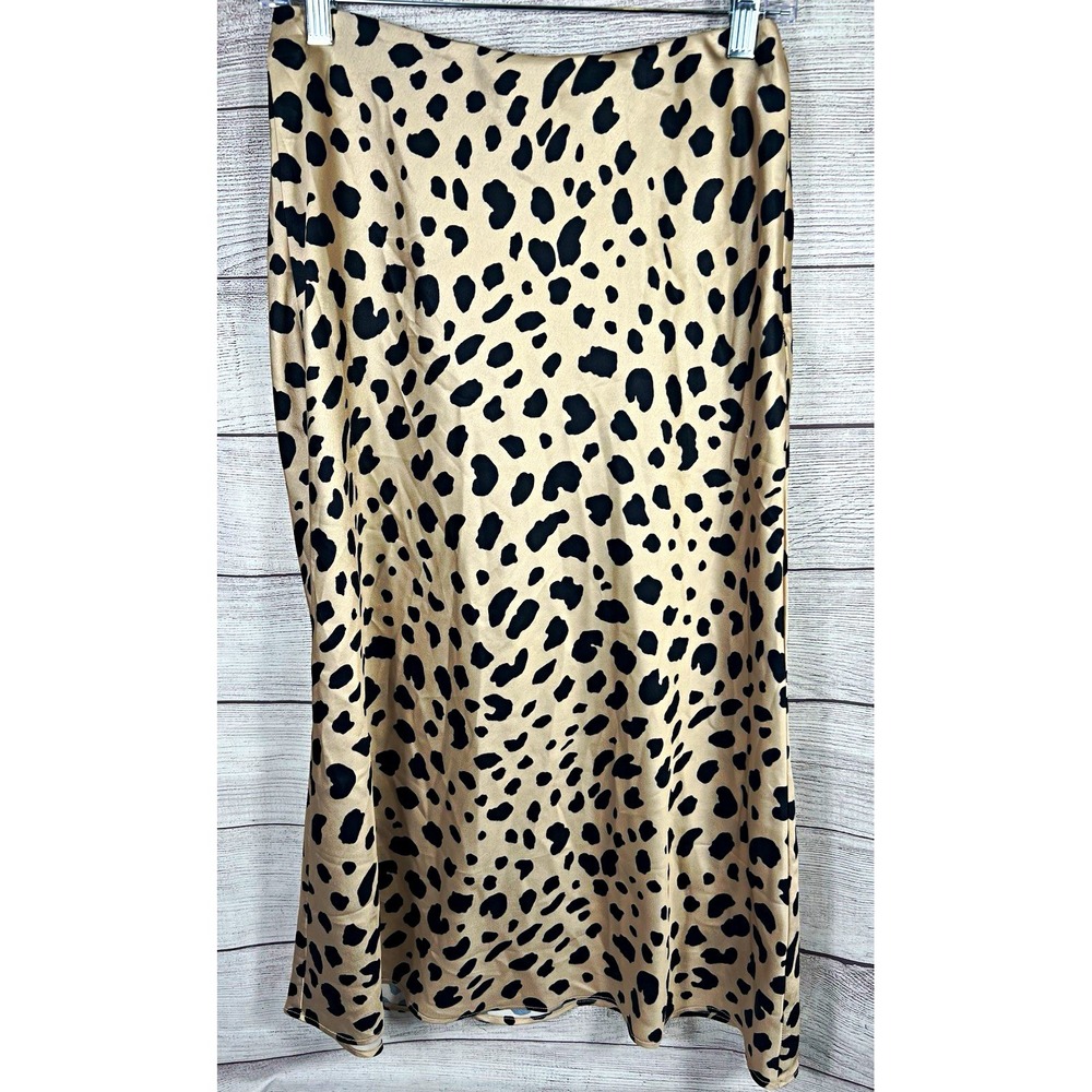e.sssue Women's Beige/Black Leopard Satin Slip Midi Pull-On Skirt Size M